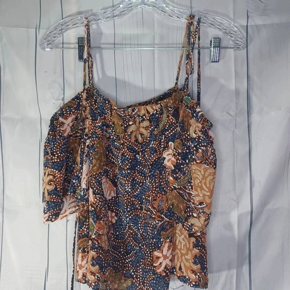 Madewell 100% silk cropped tie cold shoulder sea floral boho top - Picture 6 of 10